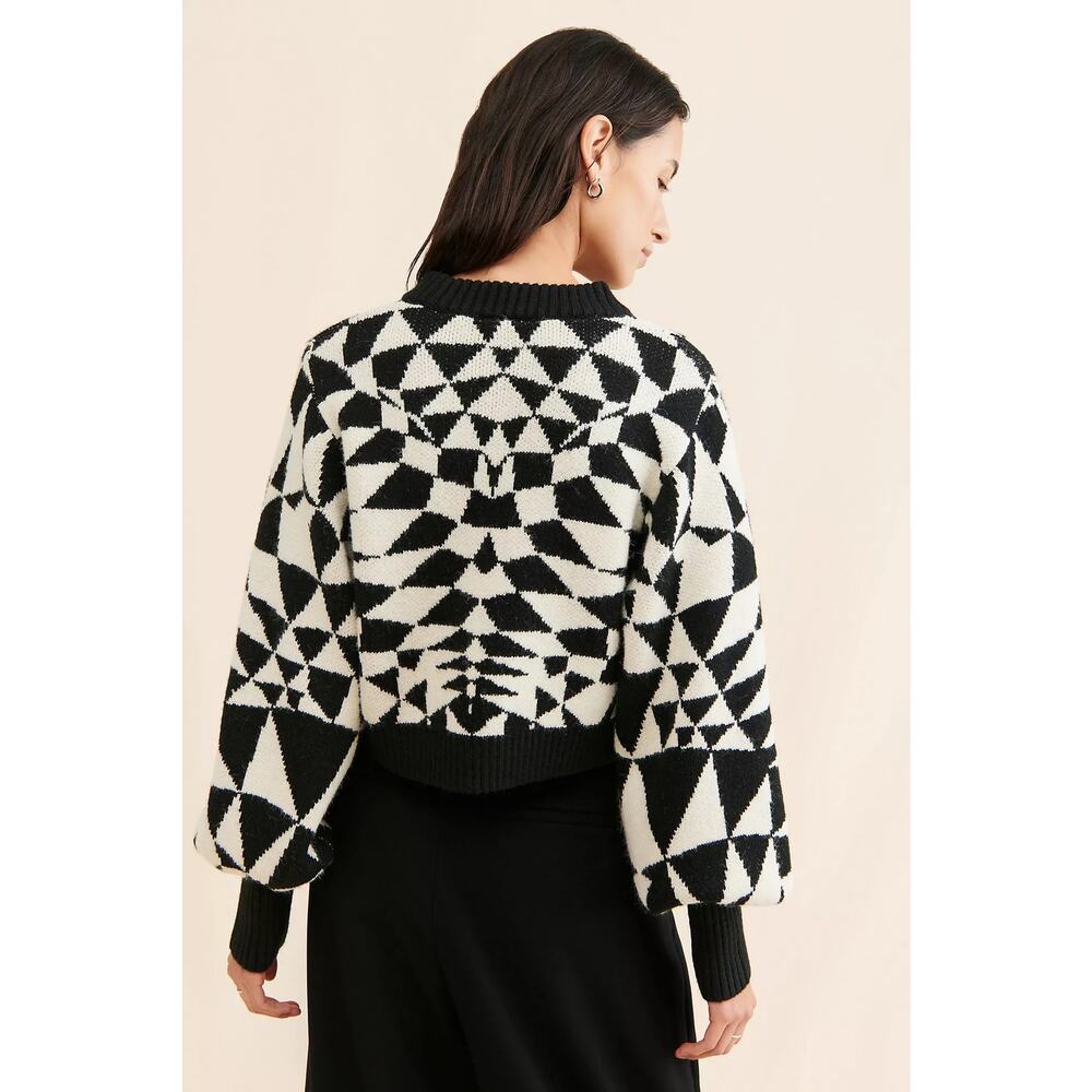 Farm Rio Heart Deco Knit Sweater Black White XS Wool Blend - Picture 2 of 9
